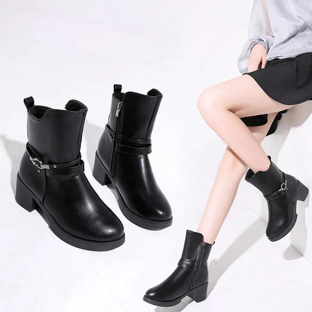 Boot Women Wedges Buckle Strap Leather Middle Boots Boots Shoes Ankle Boot Casual Autumn Winter Soft Leather Shoes T#