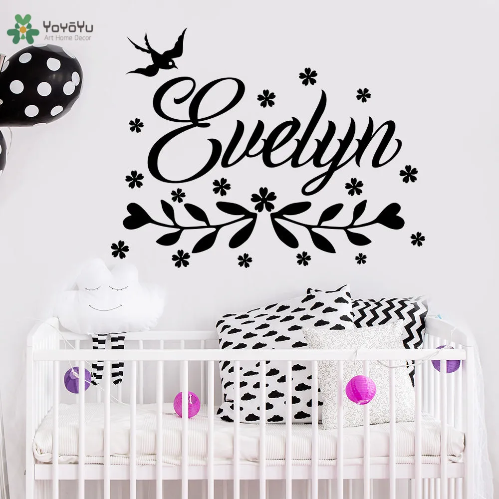 

YOYOYU Vinyl Wall Decal Swallow Flowers Nursery Rustic Personalized Custom Name Kids Room Home Decoration Stickers FD296