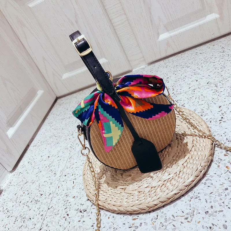 

Miyahouse Straw Kintting Summer Rattan Lady Crossbody Bag Elegant Scarvels Circular Bag High Quality PU Leather Shoulder Bag