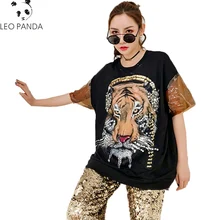 Новинка, Женская Повседневная модная футболка, короткий рукав, круглый вырез, животный рисунок тигра, украшенный блестками, летний Свободный Топ YZH128
