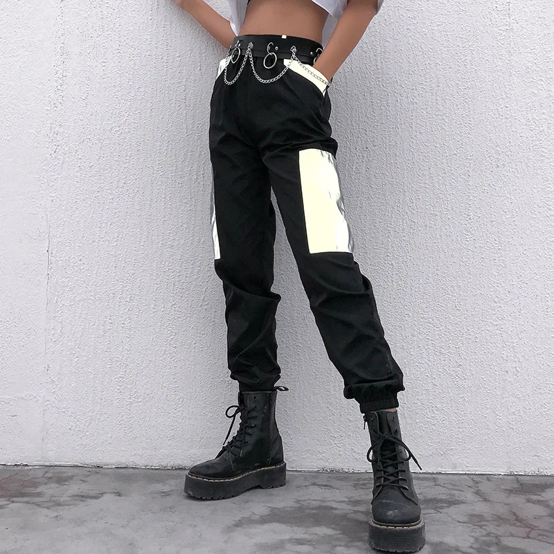 Harajuku Patchwork Reflective Pants Capris Hip Hop High Waist Streetwear Joggers Ladies Trousers Casual Black Baggy Pants Harajuku Patchwork Reflective Pants Capris Hip Hop High Waist Streetwear Joggers Ladies Trousers Casual Black Baggy Pants