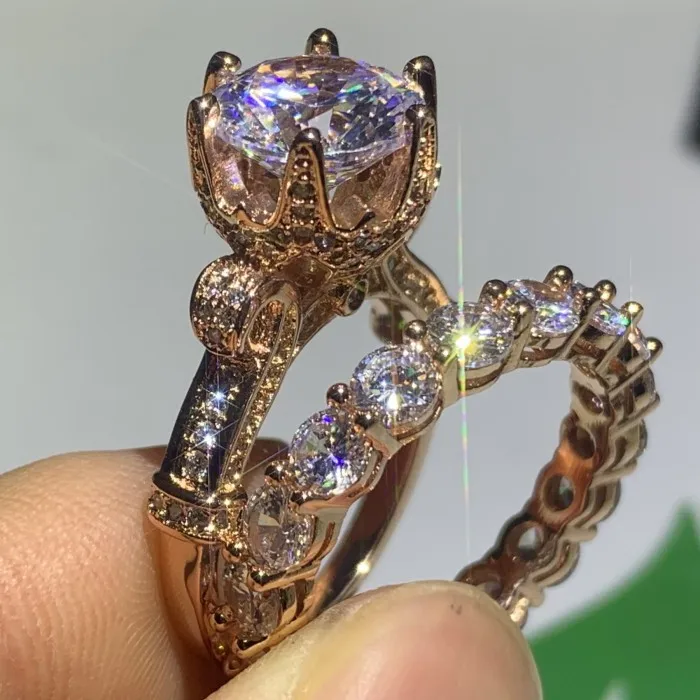 Прямая Высокое качество классические роскошные ювелирные изделия 925 пробы серебро и розовое золото заполнение круглой огранки 5A CZ Свадебная Корона кольцо - Цвет основного камня: Ring Set