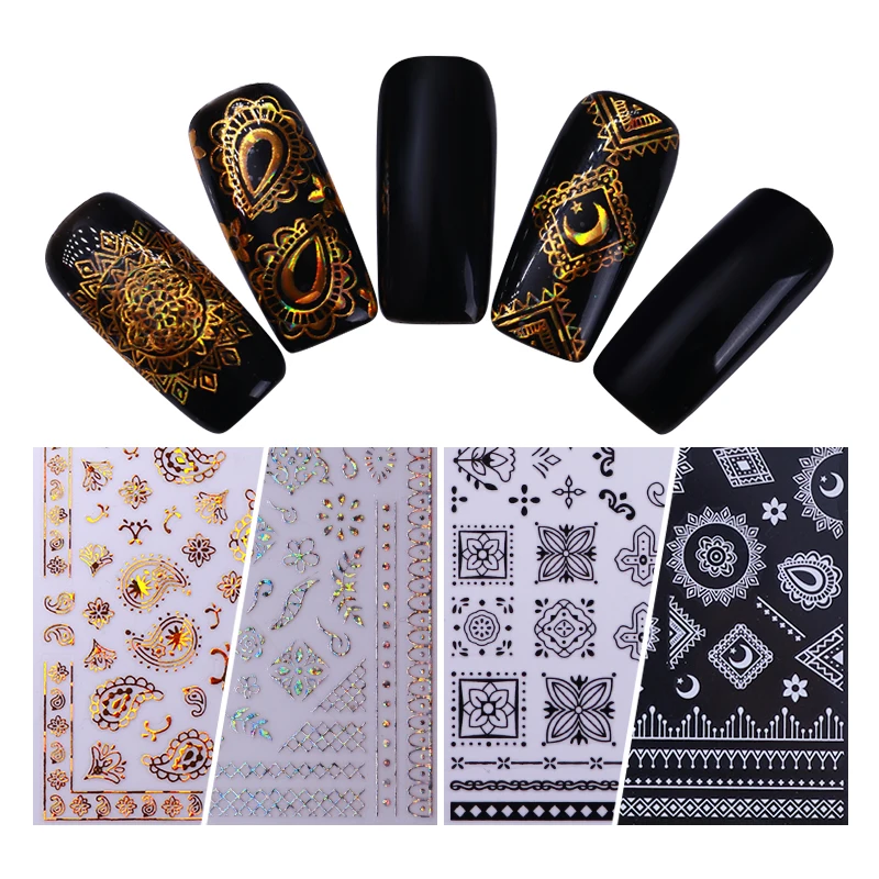 

1 Sheet Holographic Geometric 3D Nail Stickers Gold Silver Multi-size Strip Line Manicure Decals Multi-size Nail Art Adhesive