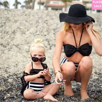 

Family Matching Women Kids Baby Girls Swimming Sets Bow Sling Halter Crop Top + High Waist Striped Triangle Set Bathing Swimwear