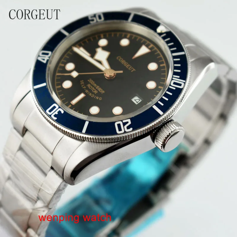 Corgeut 41 мм 316 LSteel ремешок Синий однонаправленный вращающийся ободок Дата светящаяся часы для мужчин с заводом при ходьбе E2408