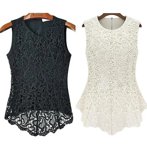 

Women's Fashion Sleeveless Embroidery Blouse Casual O-neck Lace Crochet Top