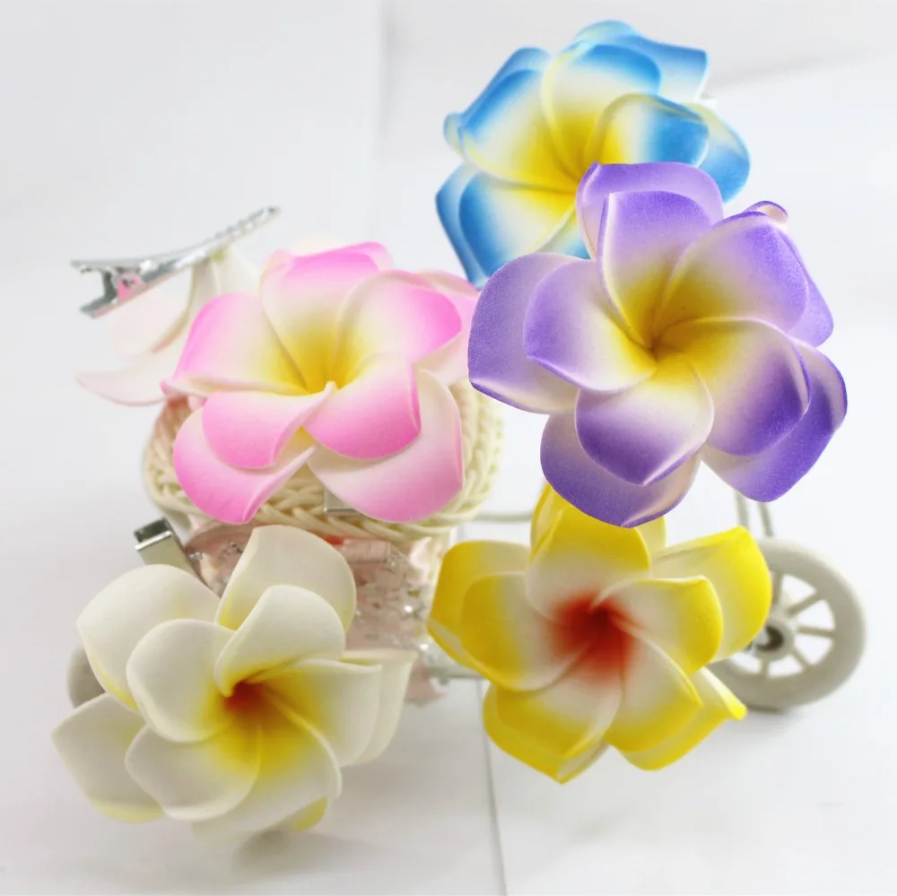 

2019 popular Brand New you pick 100 large double layer Foam Hawaiian Plumeria flower Frangipani Flower bridal hair clip 6cm