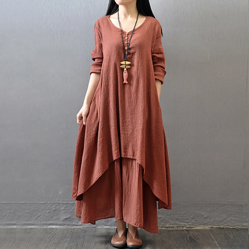 

Ladies Dress Long Sleeves Solid Color Linen Loose Big Hem Dress QL Sale