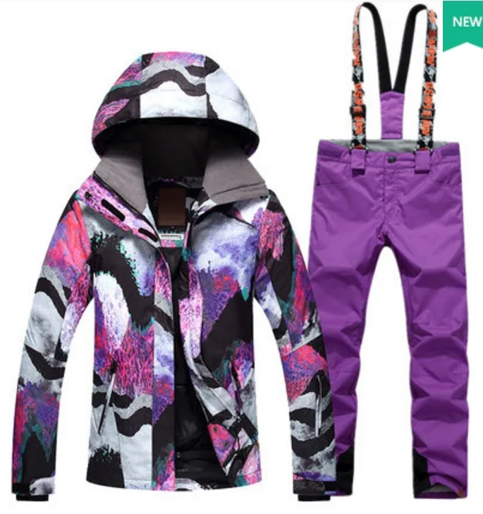 Female purple waterproof 10K ski suit women white purple ski jacket and purple suspender ski