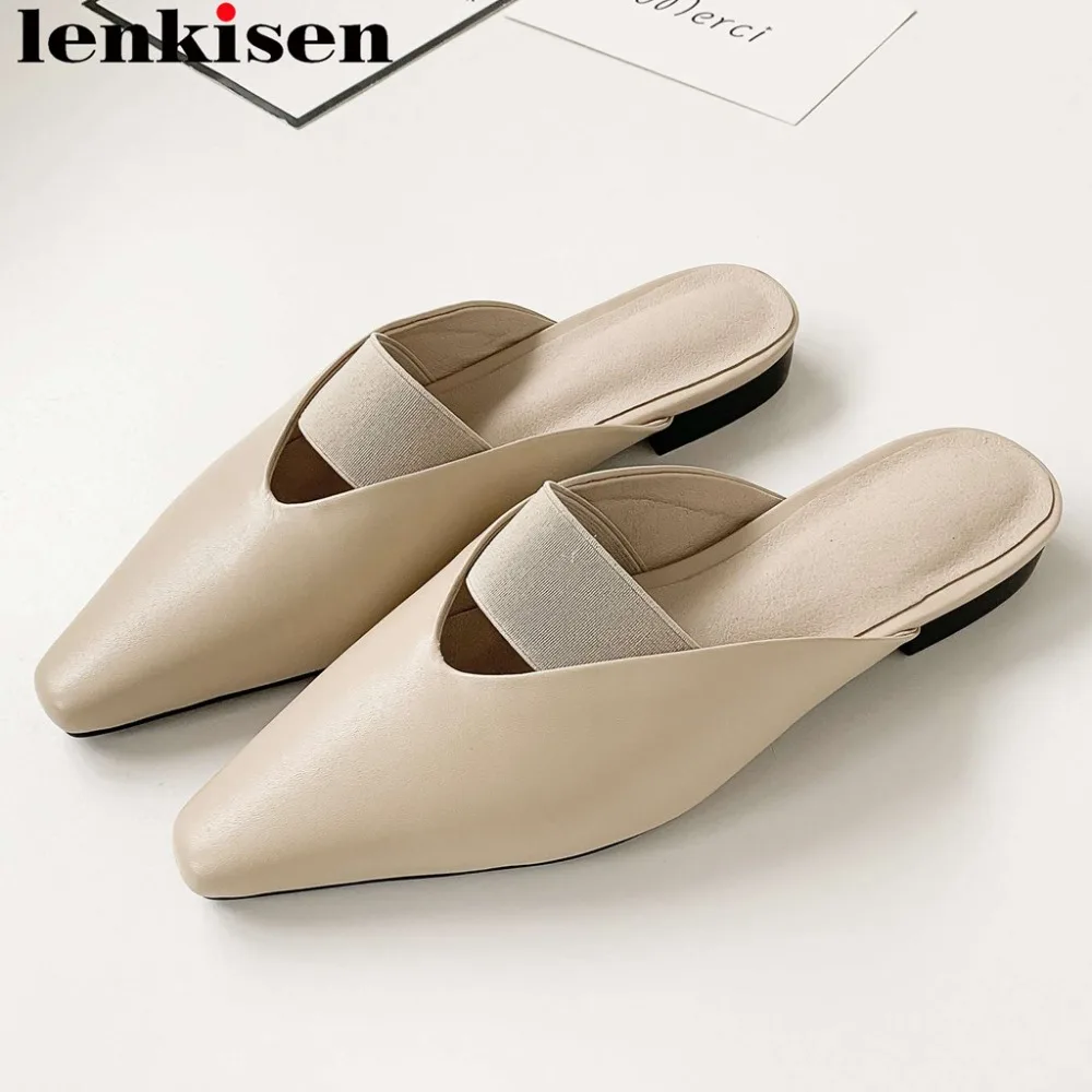 

Lenkisen concise style cow leather slip on mules square toe Hollywood movie star summer brand vocation party women slippers L86