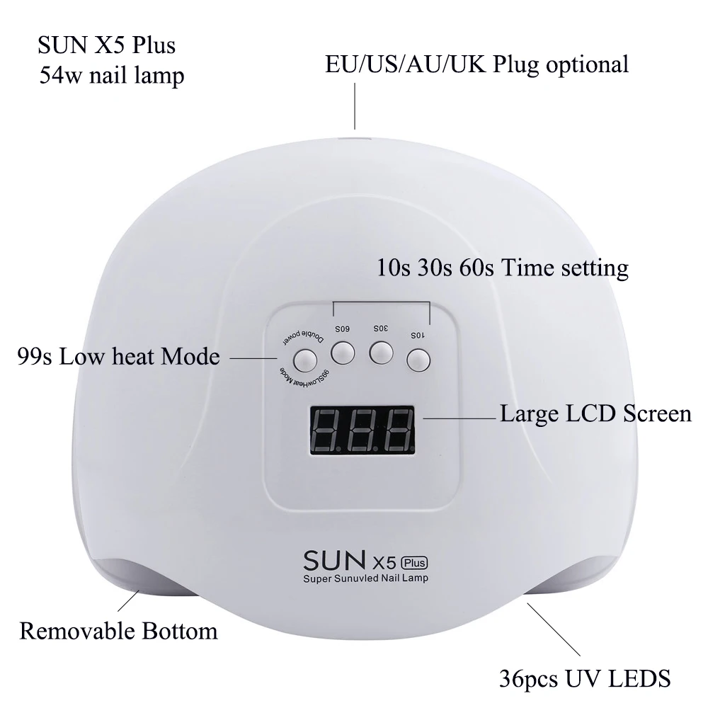 Солнце X 54 W Светодиодный УФ-лампы гель лак для ногтей сушка ногтей; уход свет с нижней 10 s/30 s/60 s таймер для ногтей маникюр лампы