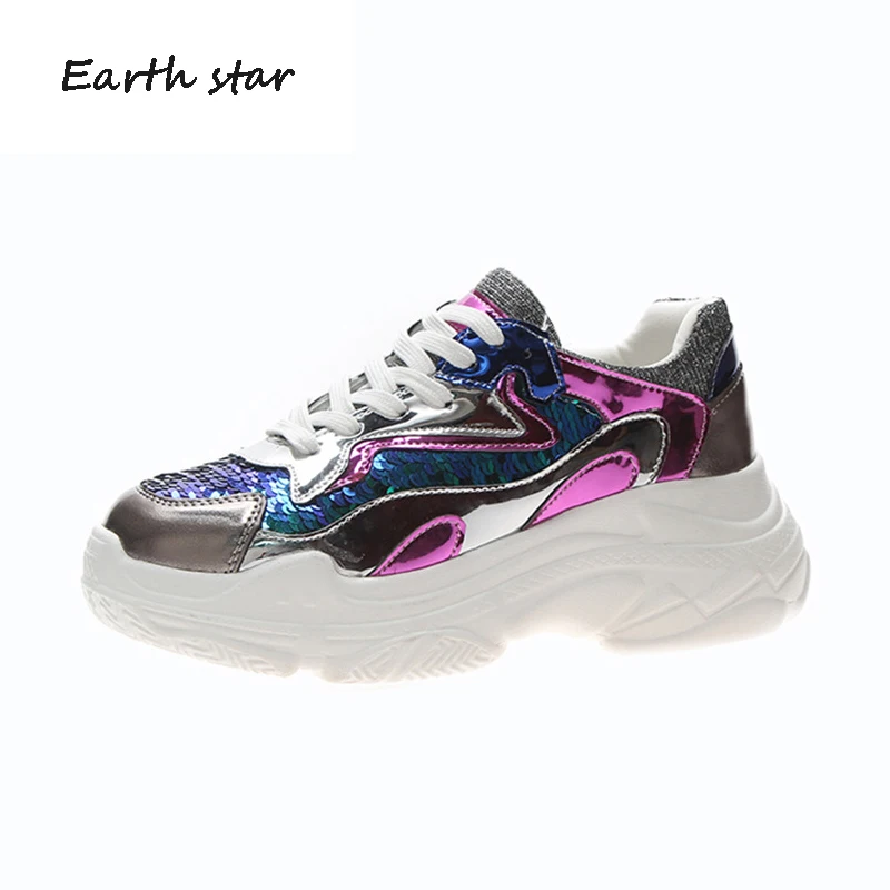 Женская обувь на платформе; Блестящие Кроссовки; zapatos de mujer; сезон весна; Новинка; chaussures femme; женская обувь с блестками в стиле пэчворк