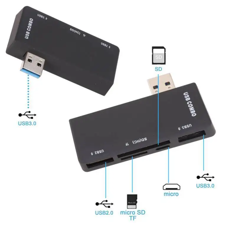 5 в 1 USB 3,0 концентратор и кардридер комбинированный адаптер переходник USB 3,0/2,0 концентраторы SD TF карт-ридер для телефона ПК ноутбук поверхность Pro