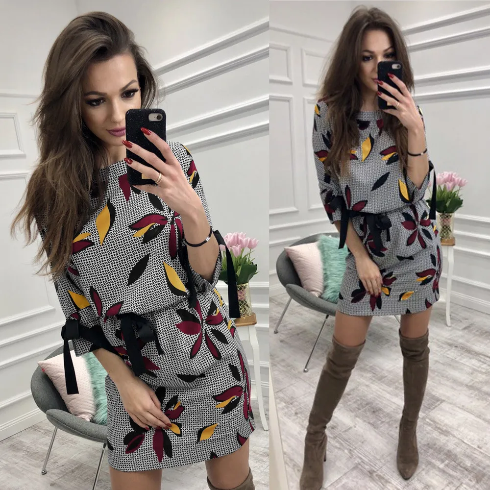 

Summer Womens Dress Fashion Printed Casual Sexy O Neck Long Sleeve Sashes Party Beach Mini Dresses vestidos verano 2019 mujer