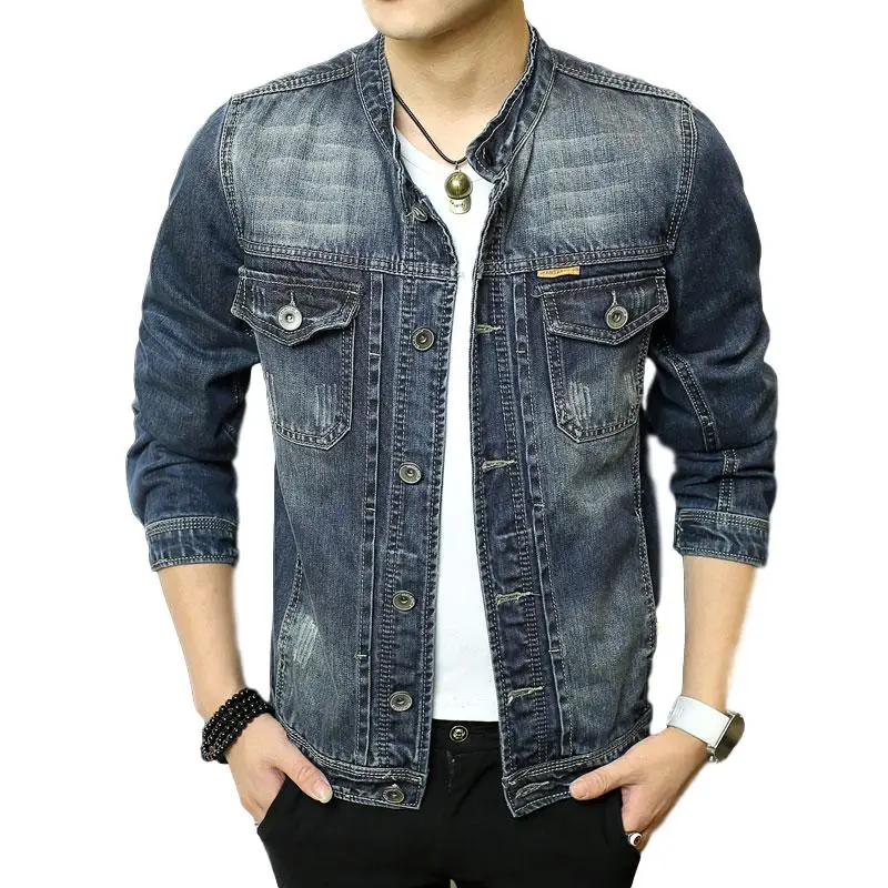 

Idopy Men`s Motorcycle Denim Jacket Stand Collar Biker Multi Pockets High Quality Jeans Jacket and Coat For Male