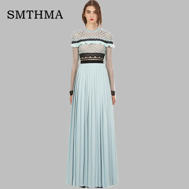 

SMTHMA 2019 Spring High Quality Pleated Split Long Dress Designer Runway Women Long Sleeve Maxi Dresses Self-portrait Dress