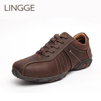 

LINGGE Brand Business Style Men's Shoes Genuine Leather lace-up Men Shoe Rubber Sole Brown Male Shoe Comfortable Casual Shoes
