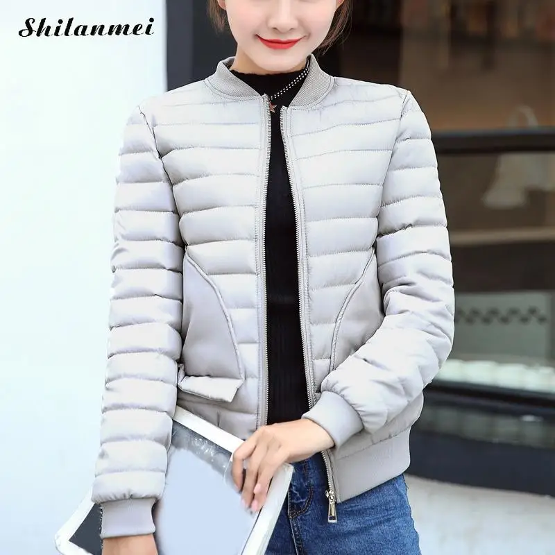 Women's Parkas Light Grey Windproof Female Jacket O Neck Zipper Gray