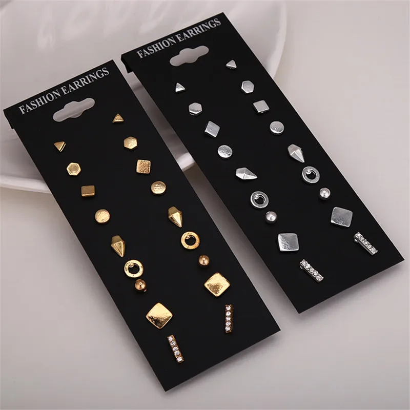 

9 Pairs Of Aretes 2019 Women's Fashion Zinc Alloy Combination Earrings Circle, Triangle, Black Card Earrings