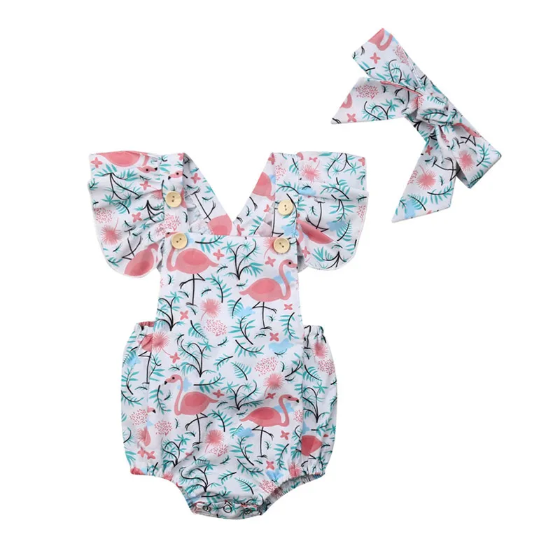 

2019 Cute Infant Baby Girls Flamingo Romper Jumpsuit+Headband Clothes Fly Sleeve Floral Print Summer Outfit