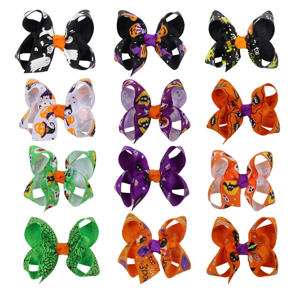 

AHB Halloween 3" Mini Hair Bows Hair Clips for Girls Funny Ghost Pumpkin Print Ribbon Bows Hairpins Kids Festival Party Headwear