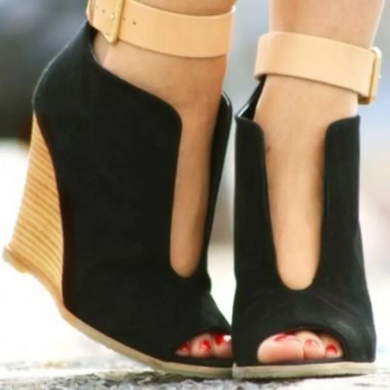 Оригинальное предназначение; элегантные босоножки на танкетке; женская летняя обувь на высоком каблуке с открытым носком; sandalia feminina; черная обувь с пряжкой; Размер 15 - Цвет: EF1733 Black