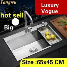 Квартира мыть овощи Кухня ручная раковина одинарная мойка роскошный 304 Нержавеющая сталь Горячая большой 65x45 см