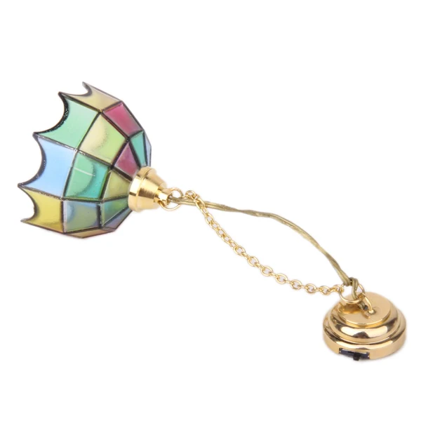 Gold Plated Metal 1:12 Dollhouse Miniature Ceiling Lamp Model With Multicolor Umbrella Shape Lampshade
