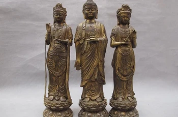 

Tibet Buddhism Bronze Copper Three Saints of the West Kwan-Yin Buddha Statue Set