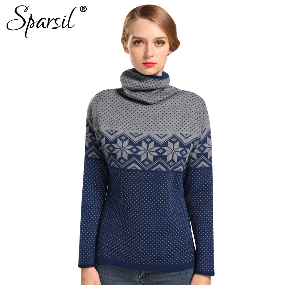 

Sparsil Women Autumn Cashmere Blend Thick Sweater Winter Female Turtleneck Dot Printed Knitted Pullover