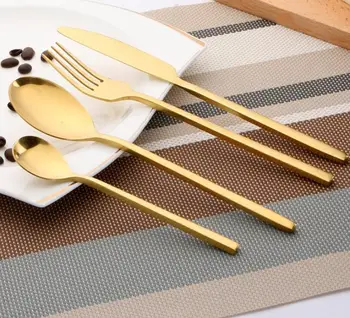 Buy Stainless Steel Plated Gold Western Food Dinnerware Cutlery Fork Knife & Scoop Tableware Cutlery Set LX6139