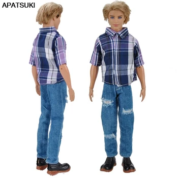 安い 1 セット 1/6 男性人形服格子縞のシャツ & ジーンズケン人形バービーボーイのバービーのボーイフレンド、ケン王子少年人形アクセサリー