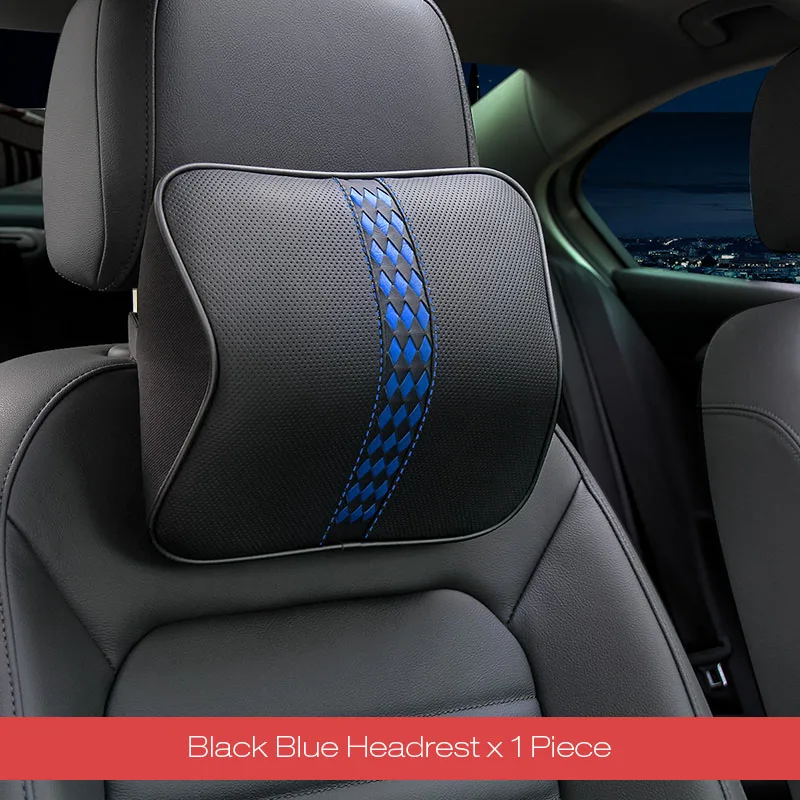Автомобильная подушка для шеи с эффектом памяти, подголовник автомобиля, подушка для путешествий, подушка для шеи, подушка для отдыха, дышащая натуральная кожа, черный, коричневый, синий, красный - Цвет: Blue pillow
