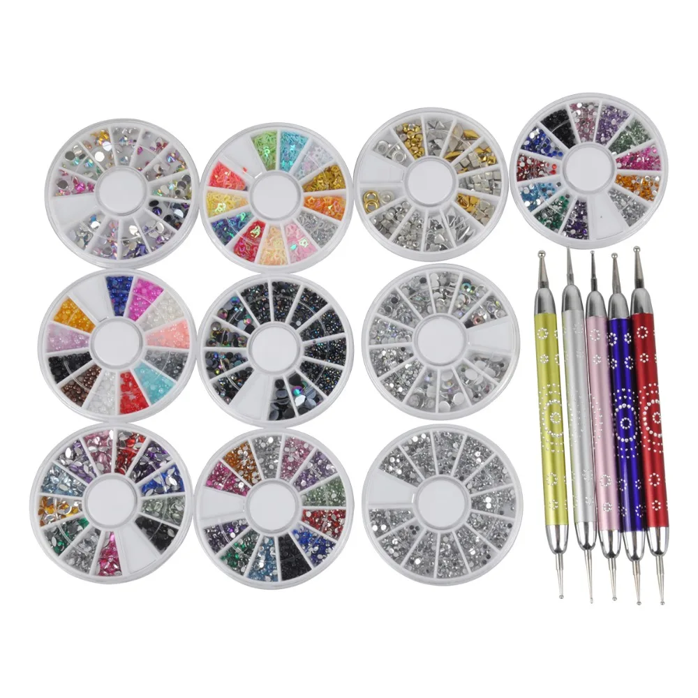 

Biutee Professional Nail Art Decorations Tools Kit 10 Wheel Nail Rhinestones Decorations + 5Pcs Nail Art Design Dotting Pen