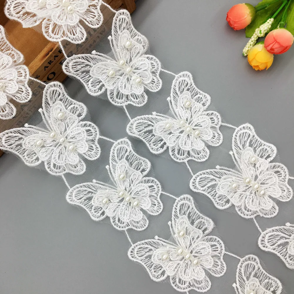 2 Yds DIY Pearl Butterfly Lace Trim Wedding Bridal Ribbon Applique Sewing Crafts 