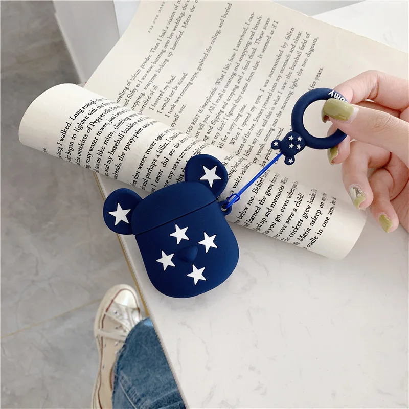 Cartoon Protective Case for AirPods Cute Cover Silicone Bluetooth Earphone Case for Apple Airpods 2 Finger Ring Camouflage Bear - Цвет: Синий