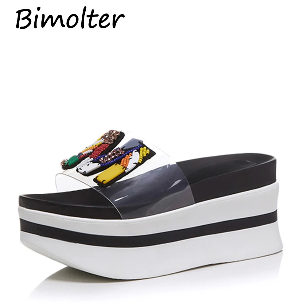 

Bimolter Women Transparent Clear PVC Platform Wedge Outdoor Slippers Girl String Bead High Heel Thick Sole Summer Slides PSEB014