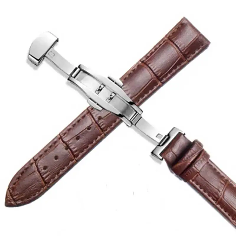 18mm 20mm 22mm 24mm Genuine Leather Polished strap butterfly stainless steel buckle folding watch