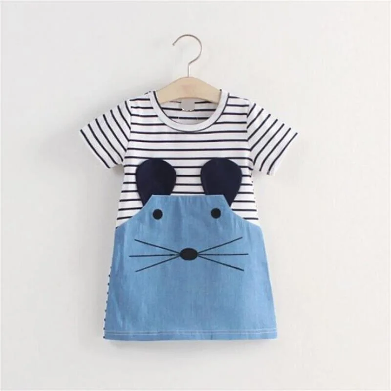 

0-5 Years Kids Baby Girls Dress Striped Short Sleeve Summer Dresses Lovely Cat Patchwork Princess Party Dress Z540