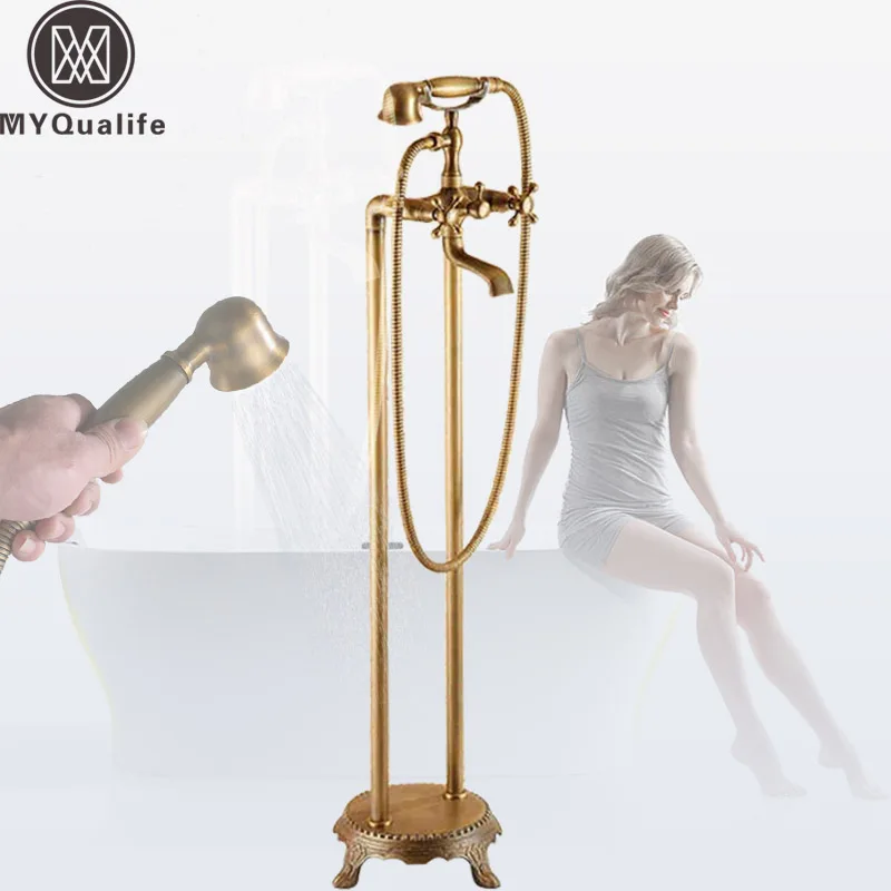 Antique Brass Dual Handle Bathroom Free Standing Tub Faucet Floor Mount