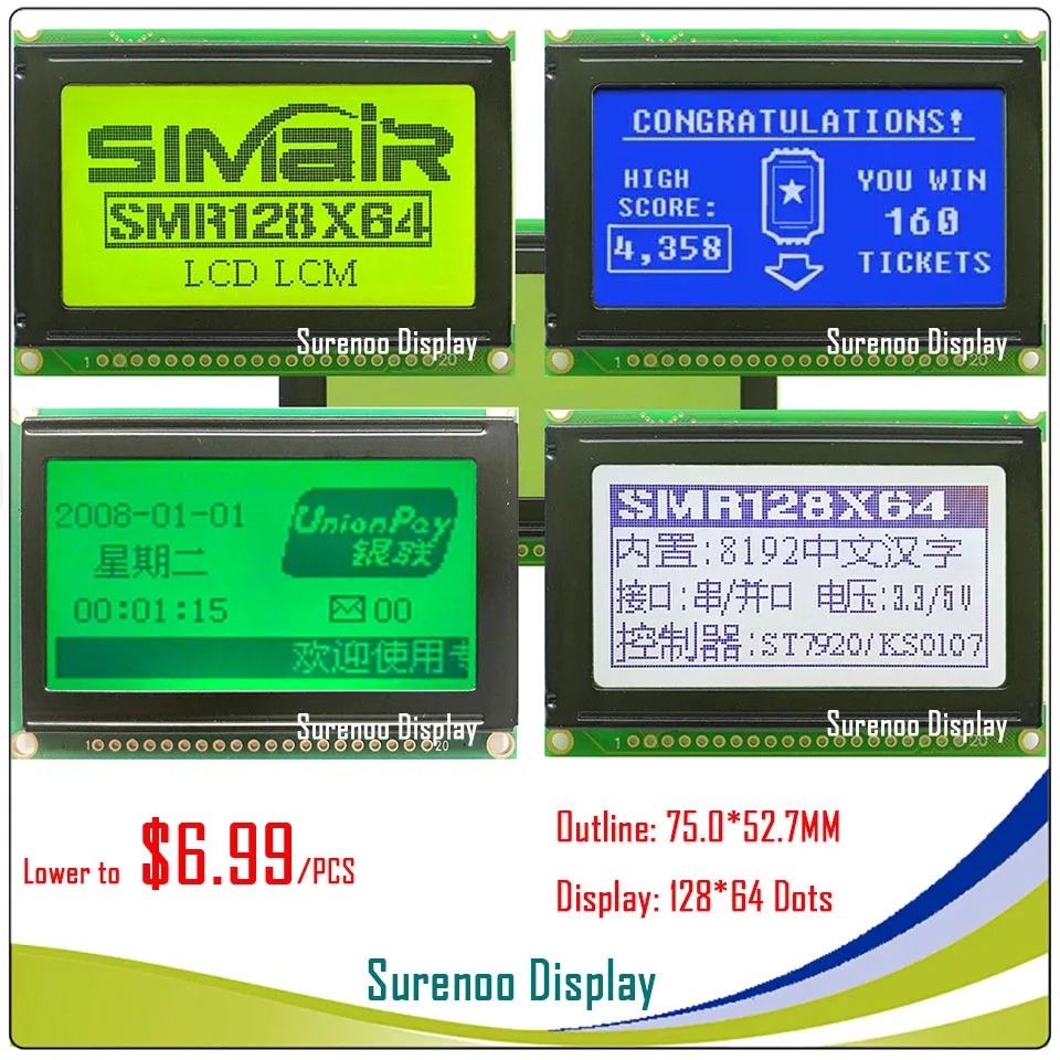 

75.0X52.7MM 12864 128*64 Graphic Matrix LCD Module Display Screen LCM build-in KS0108 Controller 4 Colors for Selection