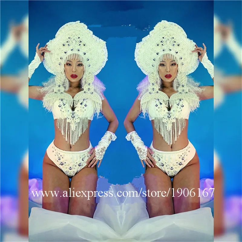 White caywalk performance dress dj headwear ds bodysuit pearl bikini singer wears dance costume ballroom clothe bra disco dj01