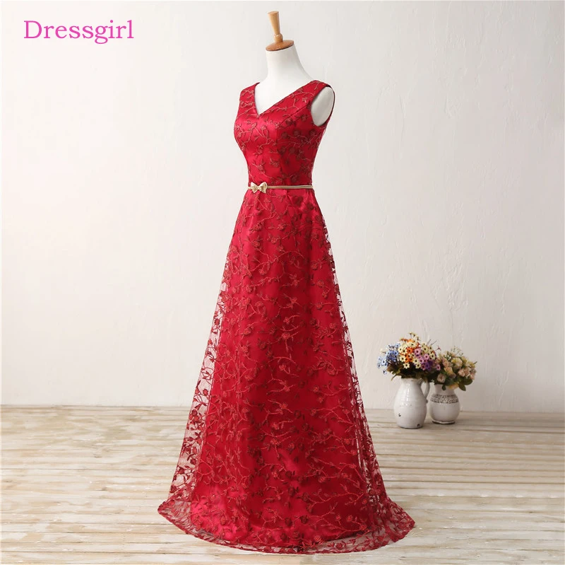 Red Evening Dresses 2017 A-line V-neck Cap Sleeves Tulle Lace Sequins Sash Elegant Long Evening Gown Prom Dress Robe De Soiree