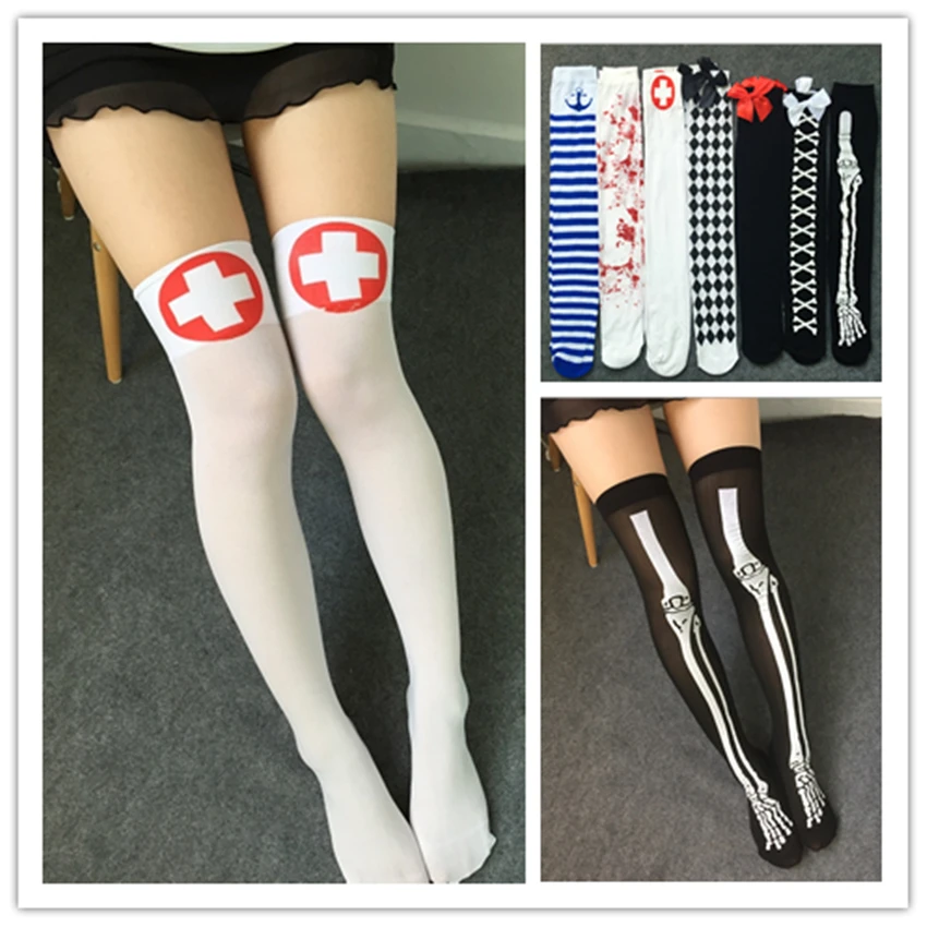 Women's halloween spirit festival cosplay knee high long socks female Japanese horrific pattern