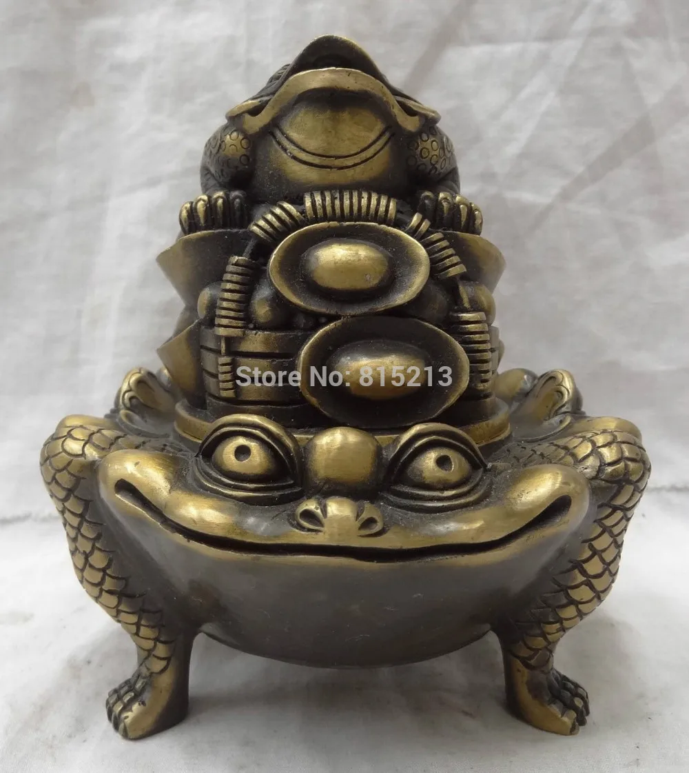 

bi00951 China Bronze Wealth Coin YuanBao Head Hoptoad Toad Statue Incense Burner Censer