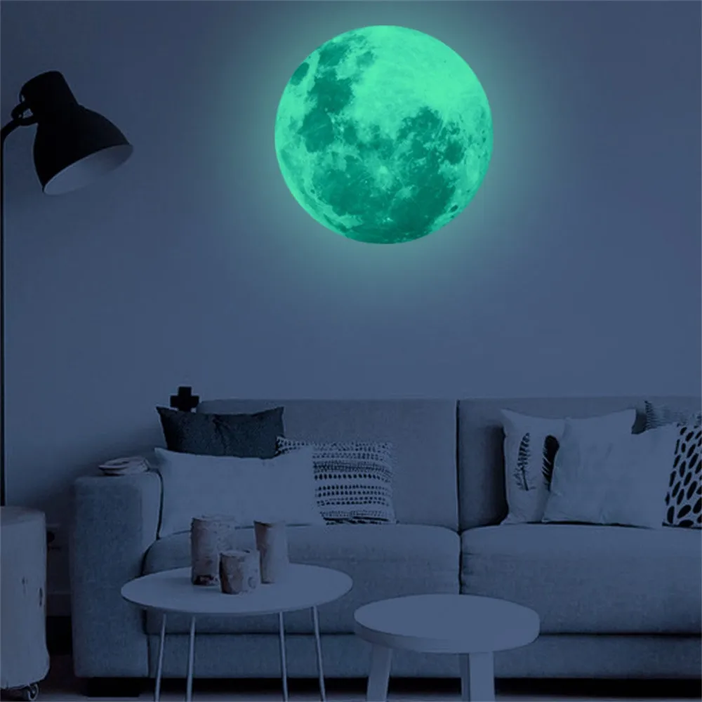 

30cm 3D pegatinas Large Moon Fluorescent Wall Sticker Removable Glow In The Dark Sticker papier peint mural 3d