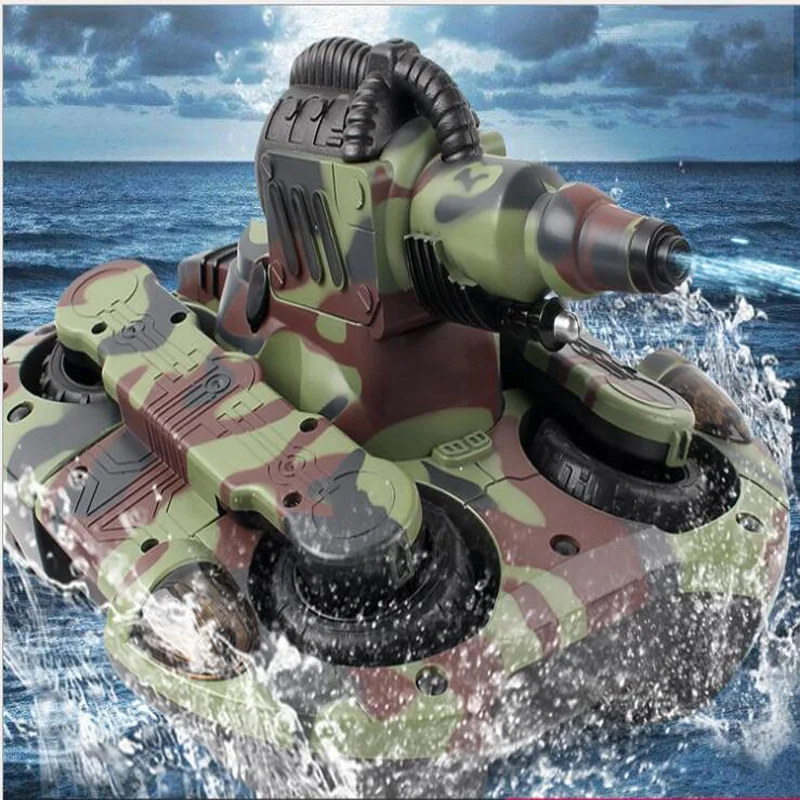 Remote Control Amphibious Deformation Tank Boat Sprinkler Road Battle Four-Wheel Drive Charge Launch Children's Toy Gift