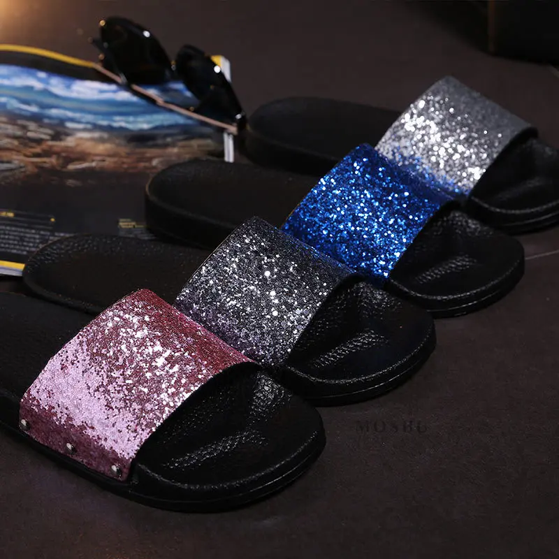 2019 Fashion Summer Slippers Women Bling Shoes House Slipper Glitter Ladies Flip Flops Tong Femme Slider Shoes
