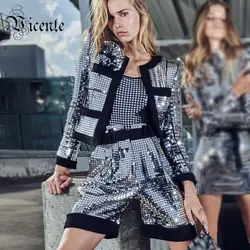Vicente 2019 новый шикарный серебристый плед Блестки Дизайн одежда с длинным рукавом знаменитости вечерние Club Комплект из 3 предметов Топы;