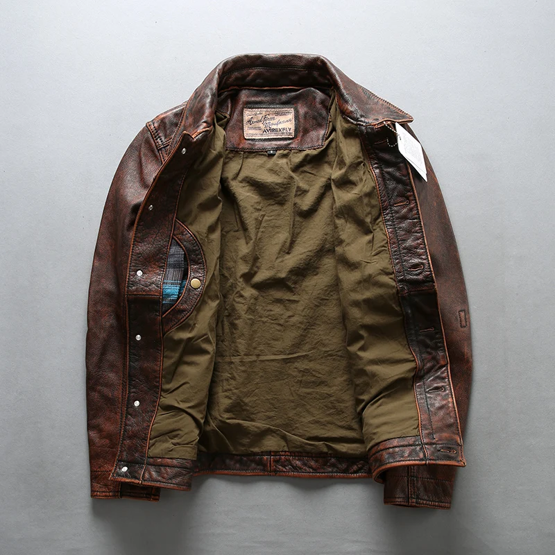 Blog Read Description! Asian size men's cow leather jacket mens genuine cowhide leather vintage jacket A9807